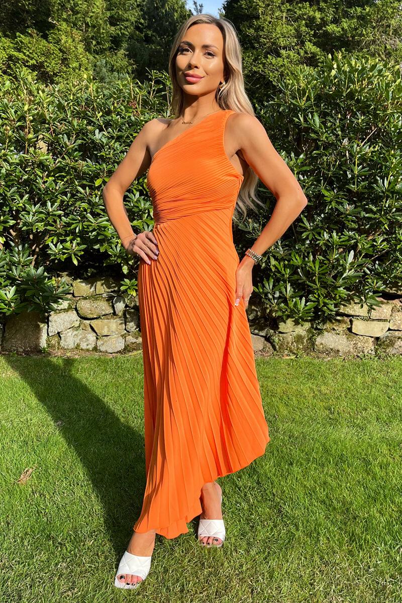 Ax Paris Blood Orange One Shoulder Cut Out Pleated Midi Dress