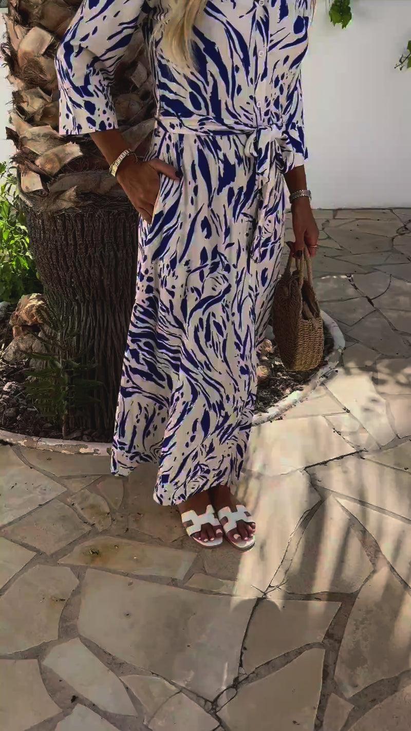 Ax Paris Blue And Cream Brush Stroke Print 3/4 Sleeve Shirt Midi Dress