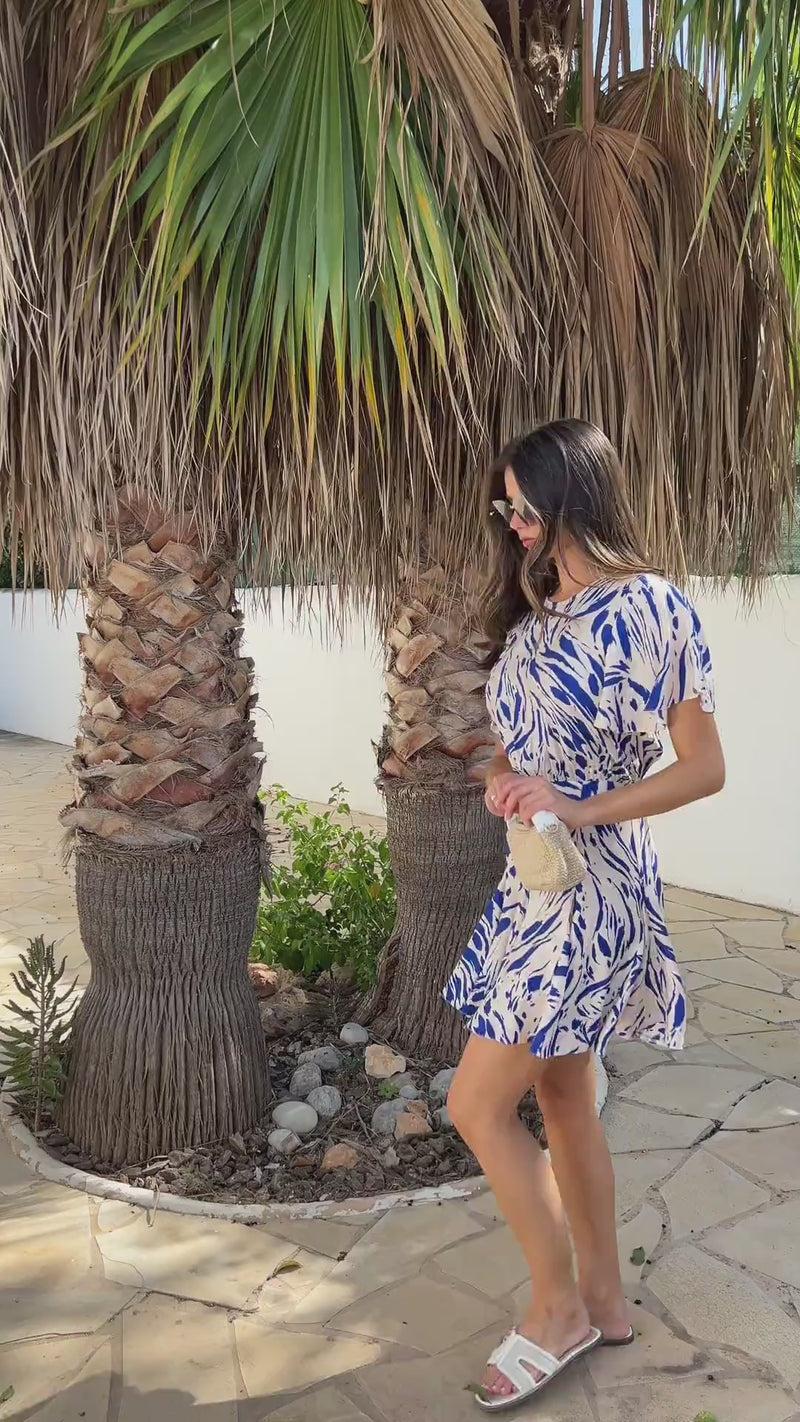 Ax Paris Blue And Cream Brush Stroke Print Butterfly Sleeve Skater Mini Dress