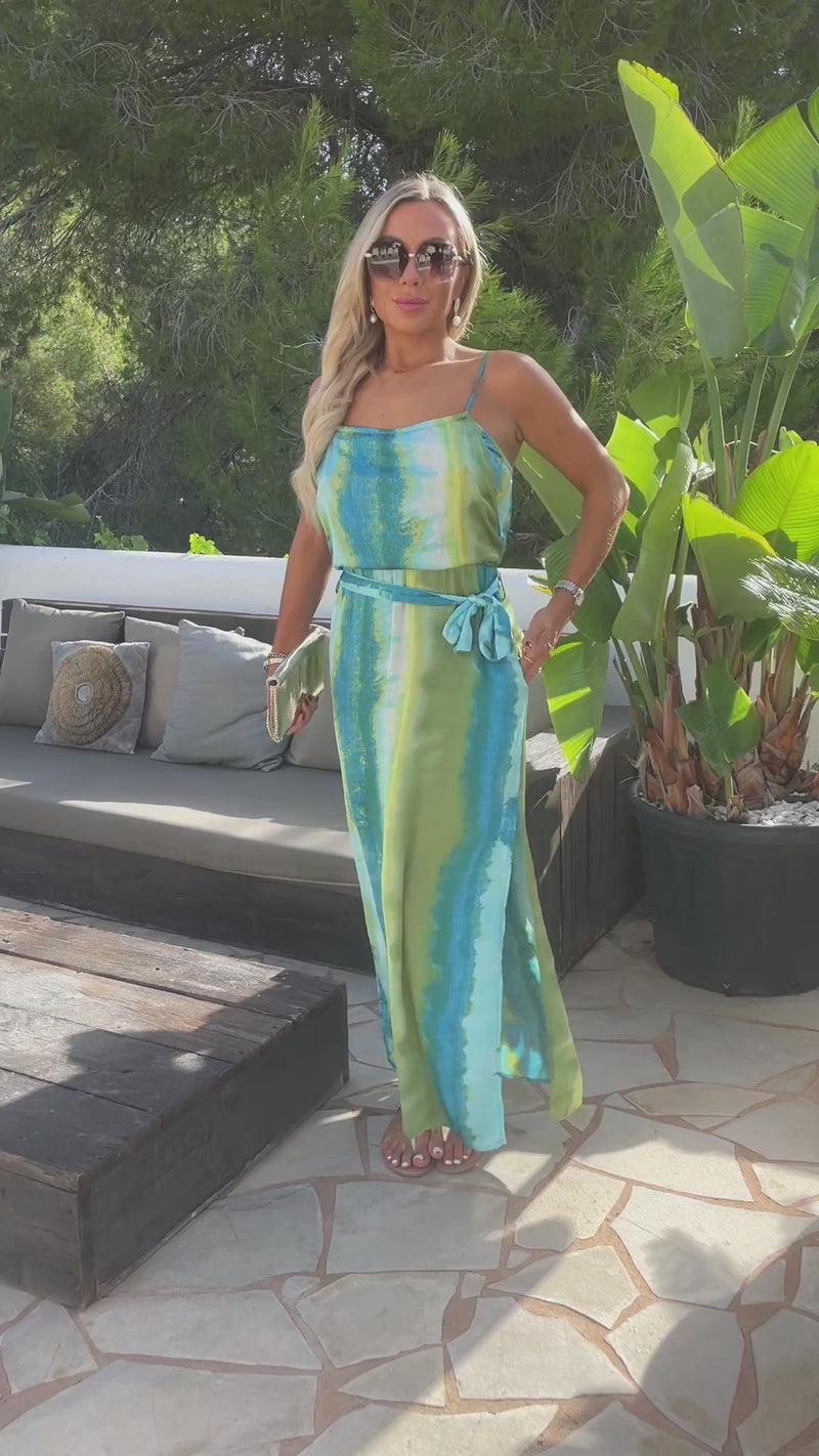 Ax Paris Blue And Green Smudge Stripe Print Tie Waist Strappy Midi Dress