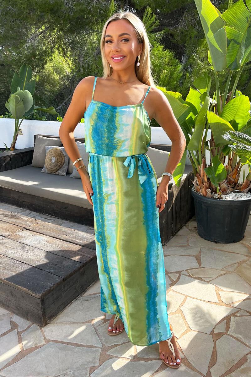 Ax Paris Blue And Green Smudge Stripe Print Tie Waist Strappy Midi Dress