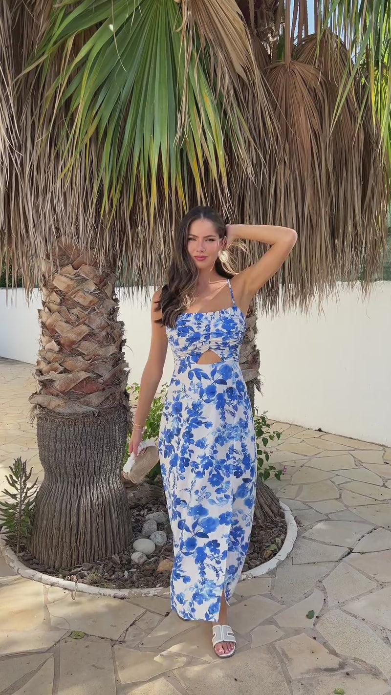Ax Paris Blue And White Floral Print Strappy Cut Out Midi Dress