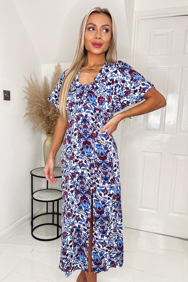 Ax Paris Blue Floral V Neck Tie Detail Short Sleeve Midi Dress With Split