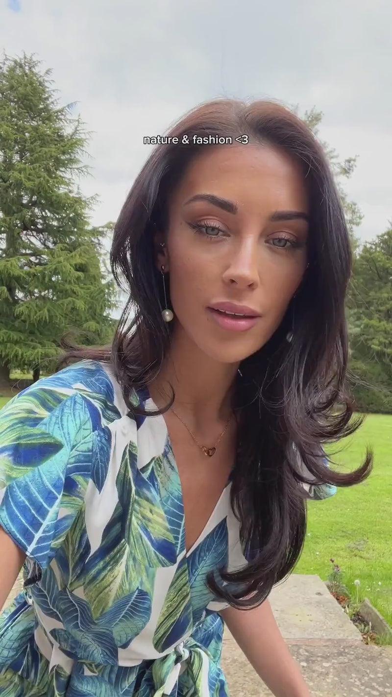 Ax Paris Blue Leaf Print Short Sleeve Belted Wrap Midi Dress