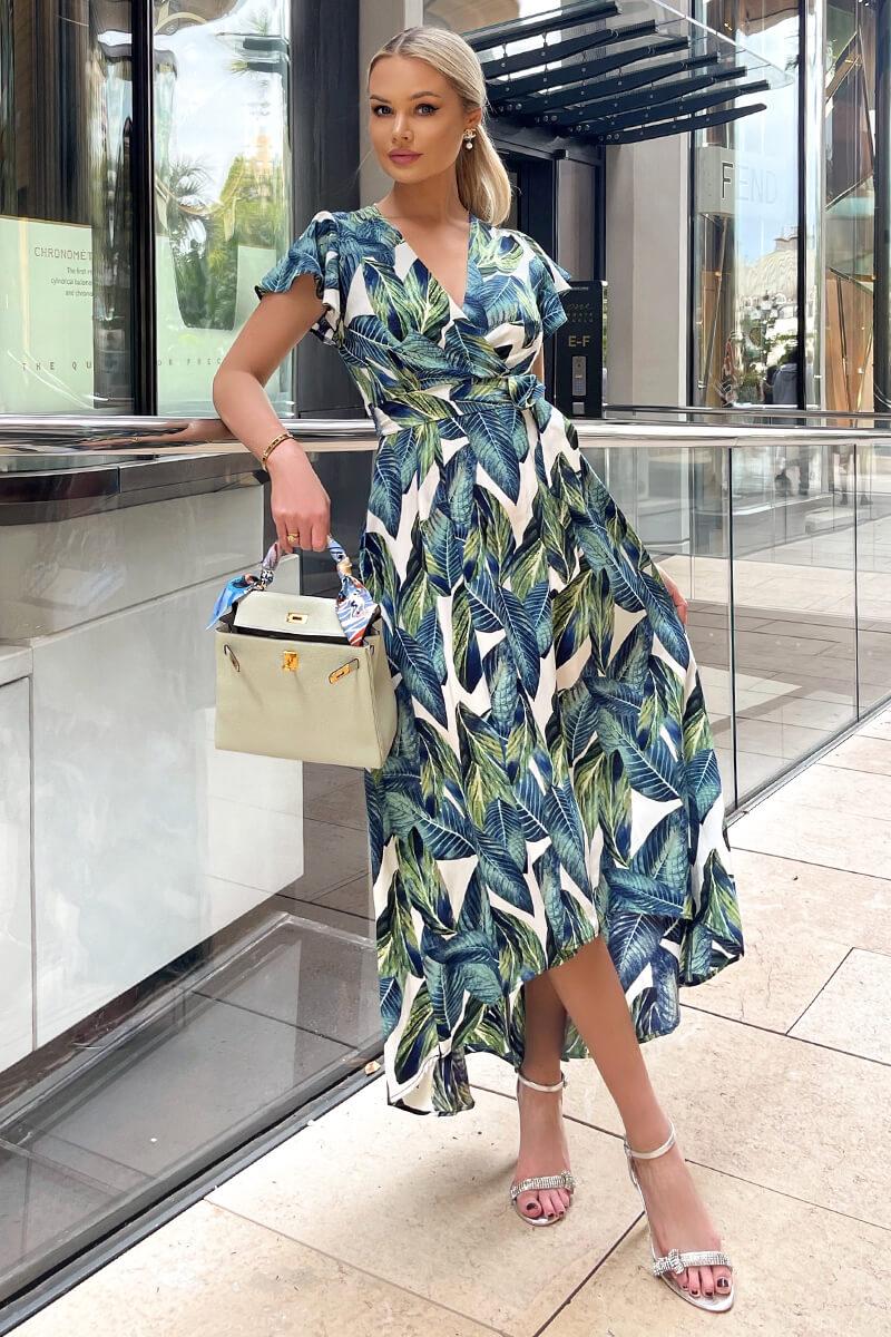 Ax Paris Blue Leaf Print Short Sleeve Belted Wrap Midi Dress