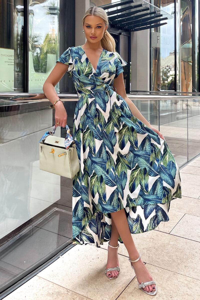 Ax Paris Blue Leaf Print Short Sleeve Belted Wrap Midi Dress