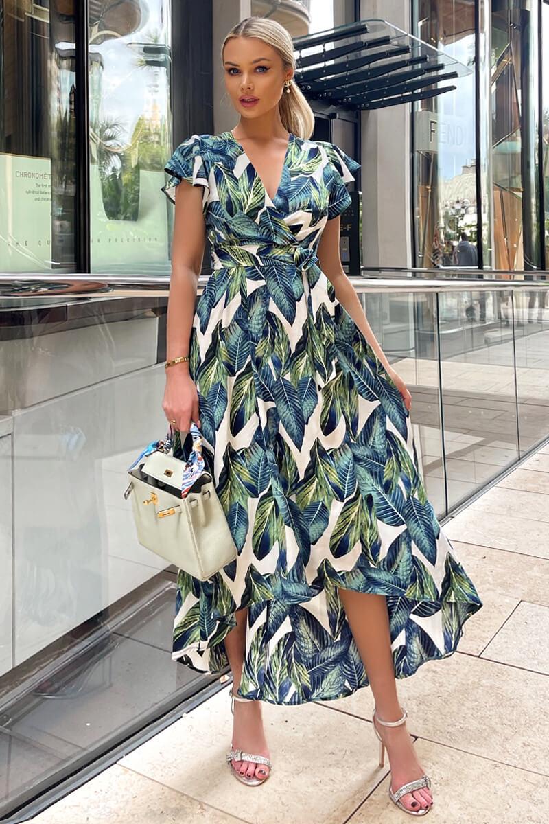ax paris Blue Leaf Print Short Sleeve Belted Wrap Midi Dress