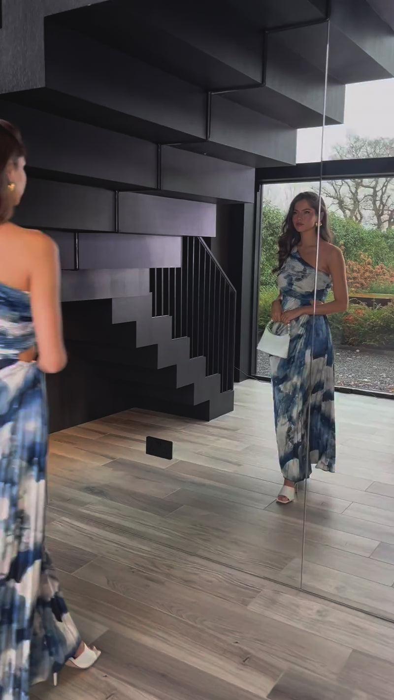 Ax Paris Blue Marble Print One Shoulder Cut Out Pleated Midi Dress