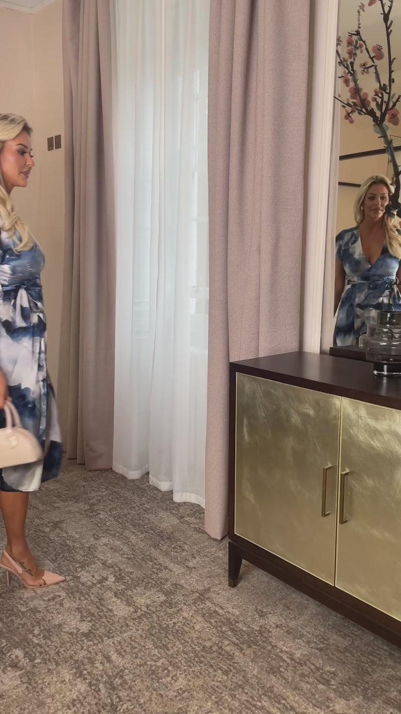 Ax Paris Blue Marble Print Short Sleeve Belted Wrap Midi Dress