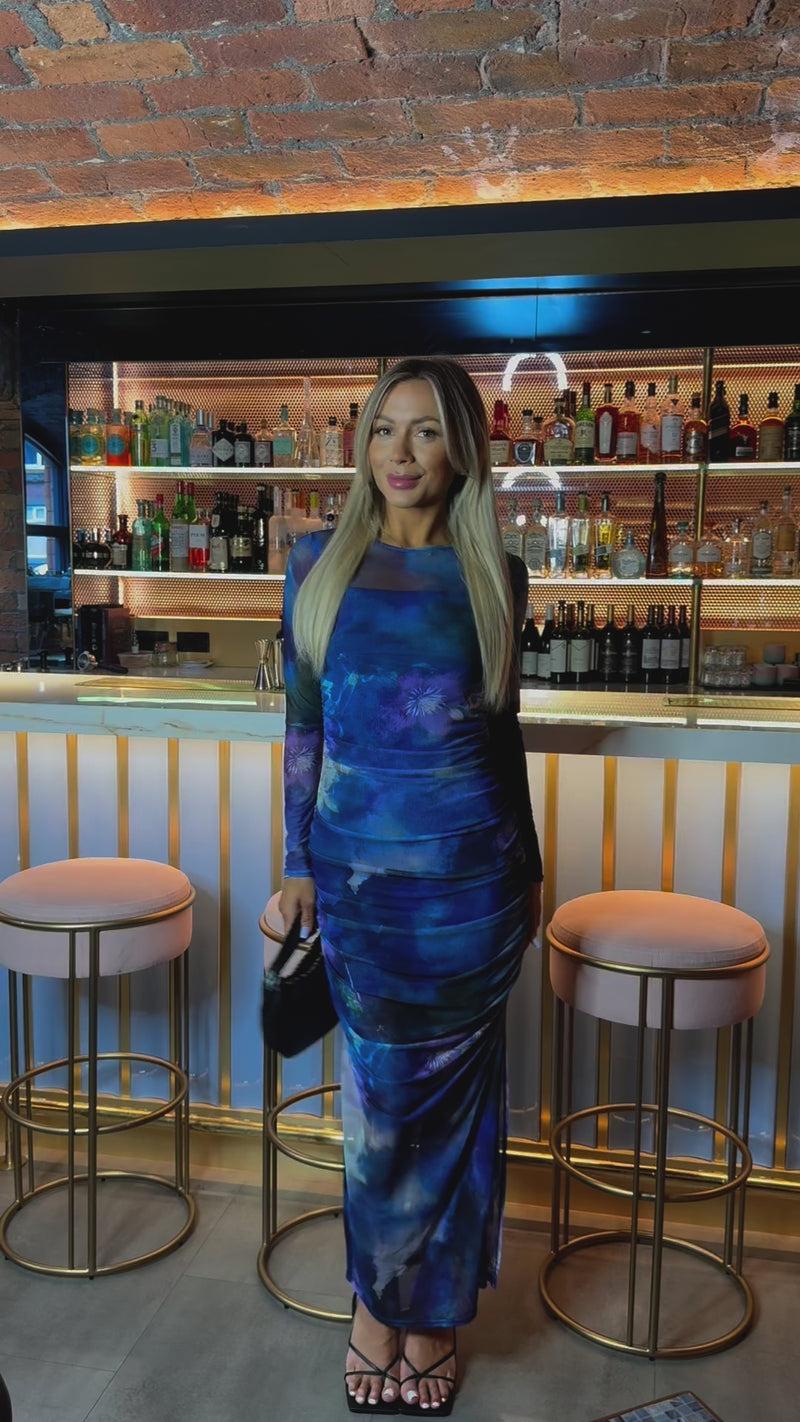 Ax Paris Blue Printed Mesh Overlay Long Sleeve Bodycon Midi Dress