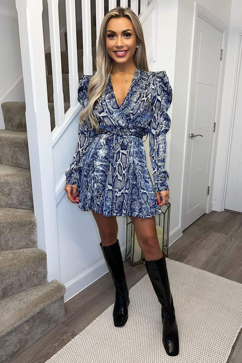 ax paris Blue Snake Print Long Puff Sleeve Mini Dress