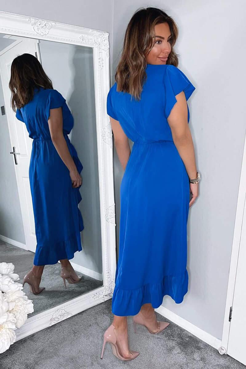 Ax Paris Blue Wrap Over Frill Hem Short Sleeve Midi Dress