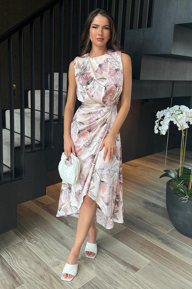 Ax Paris Blush Floral Print Gathered Midi Dress With Shoulder Pads