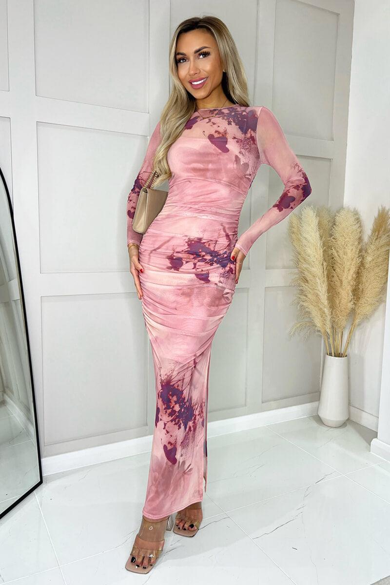 ax paris Blush Printed Mesh Overlay Long Sleeve Bodycon Midi Dress