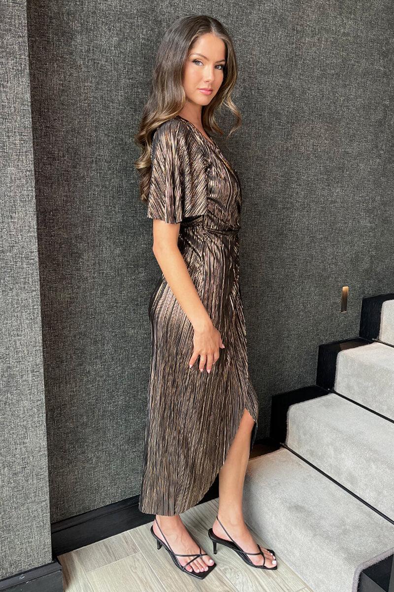 Ax Paris Bronze Plisse Buckle Detail Wrap Midi Dress