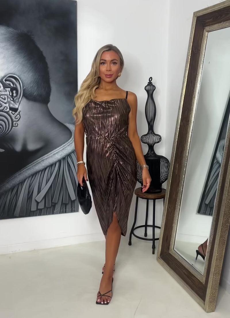 Ax Paris Bronze Plisse Strappy Cowl Neck Gathered Skirt Midi Dress