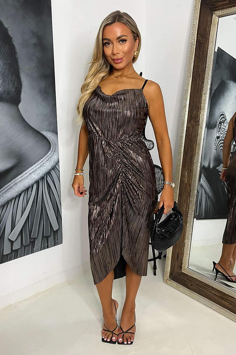 ax paris Bronze Plisse Strappy Cowl Neck Gathered Skirt Midi Dress