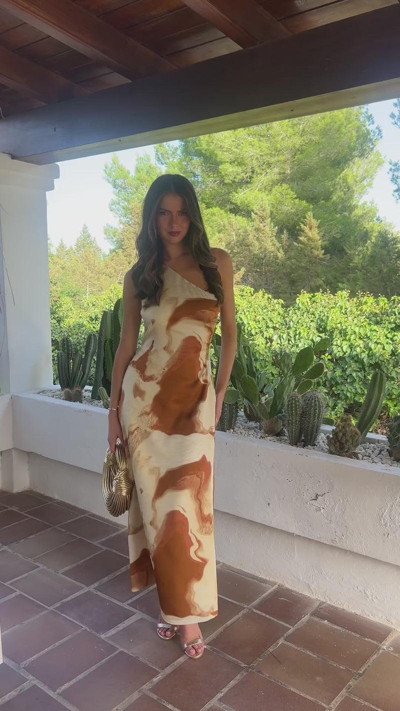 Ax Paris Brown And Stone Marble Print One Shoulder Open Back Twist Detail Midi Dress