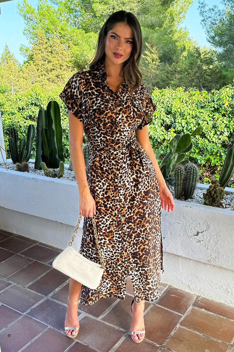 ax paris Brown Cheetah Print Short Sleeve Midi Shirt Dress