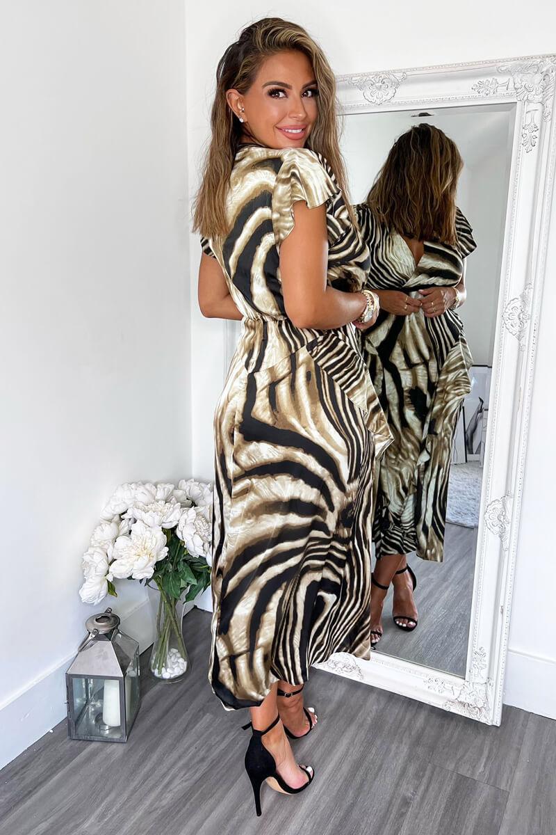 Ax Paris Brown Printed Frill Detail Double Split Skirt Midi Dress