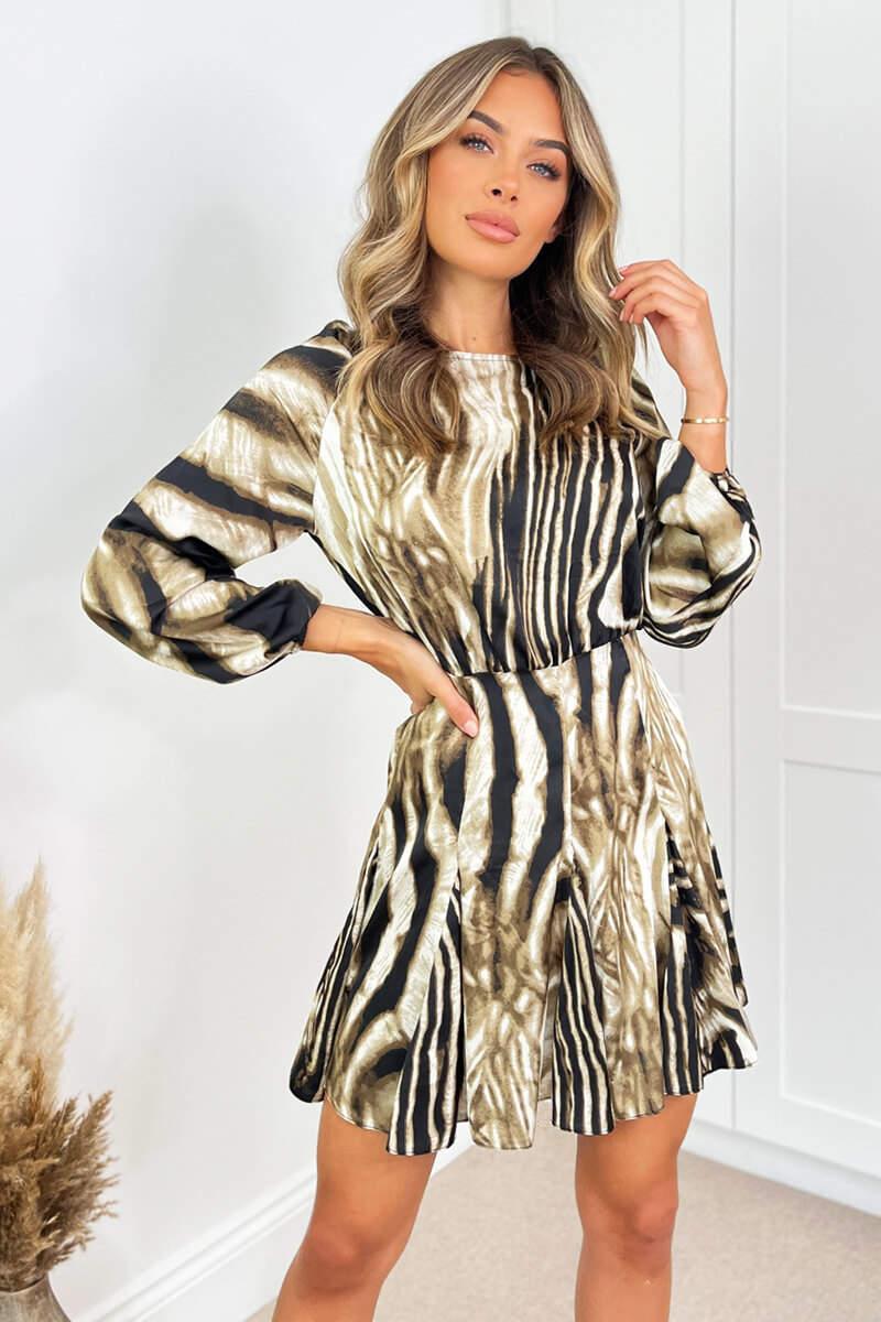 Ax Paris Brown Printed Long Sleeve Mini Skater Dress