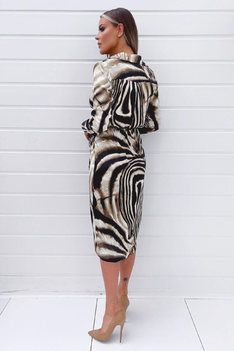 Ax Paris Brown Printed Long Sleeve Wrap Dress With Shoulder Pads