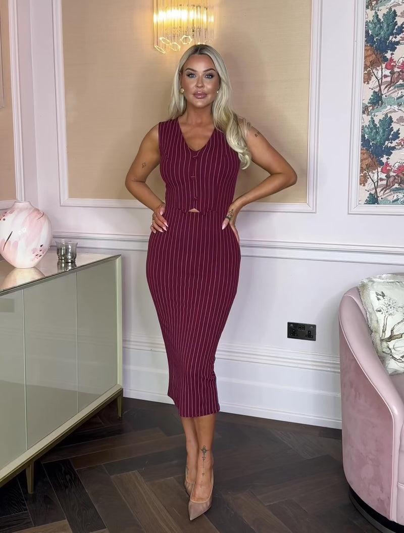 Ax Paris Burgundy Pinstripe Waistcoat Detail Bodycon Midi Dress
