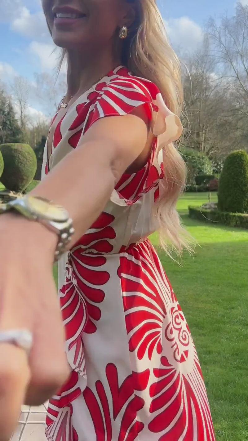 Ax Paris Burnt Orange Abstract Print Wrap Over High Low Frill Hem Midi Dress