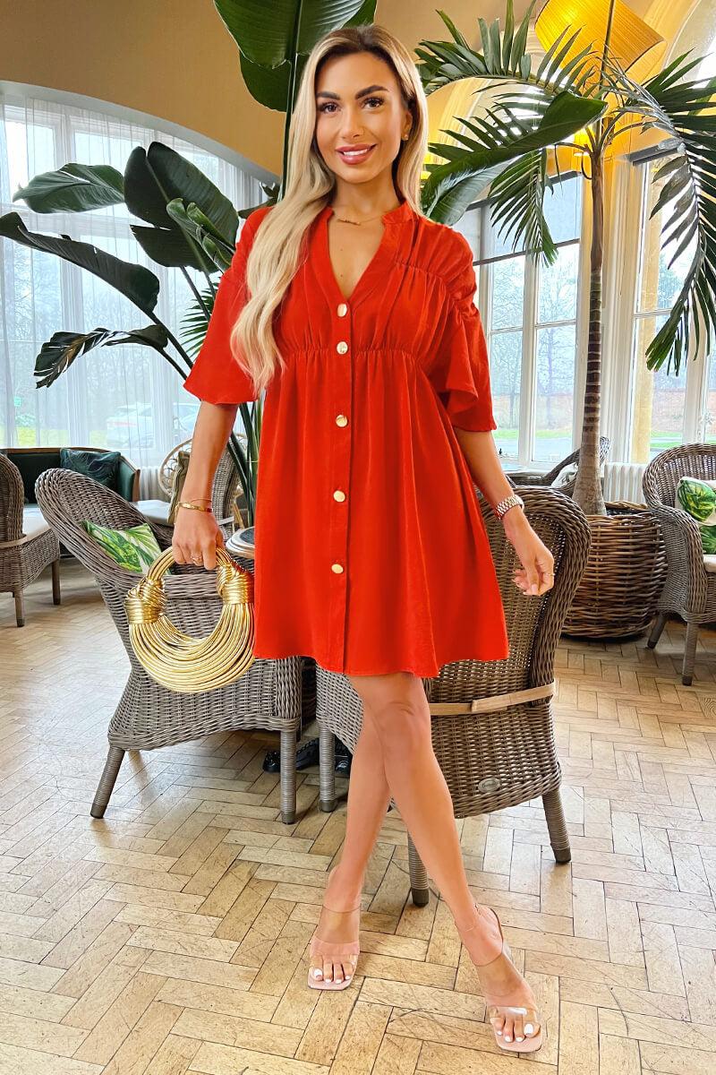 Ax Paris Burnt Orange Button Up Ruched Detail Smock Dress