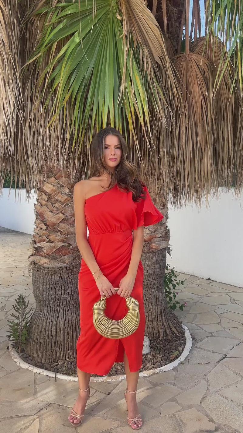 Ax Paris Burnt Orange One Shoulder Butterfly Sleeve Wrap Midi Dress