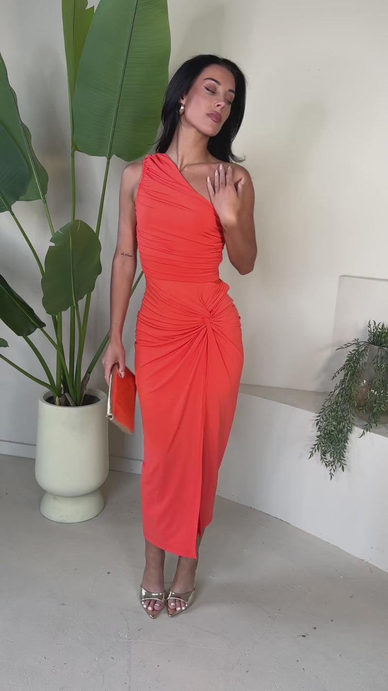 Ax Paris Burnt Orange One Shoulder Knot Skirt Midi Dress