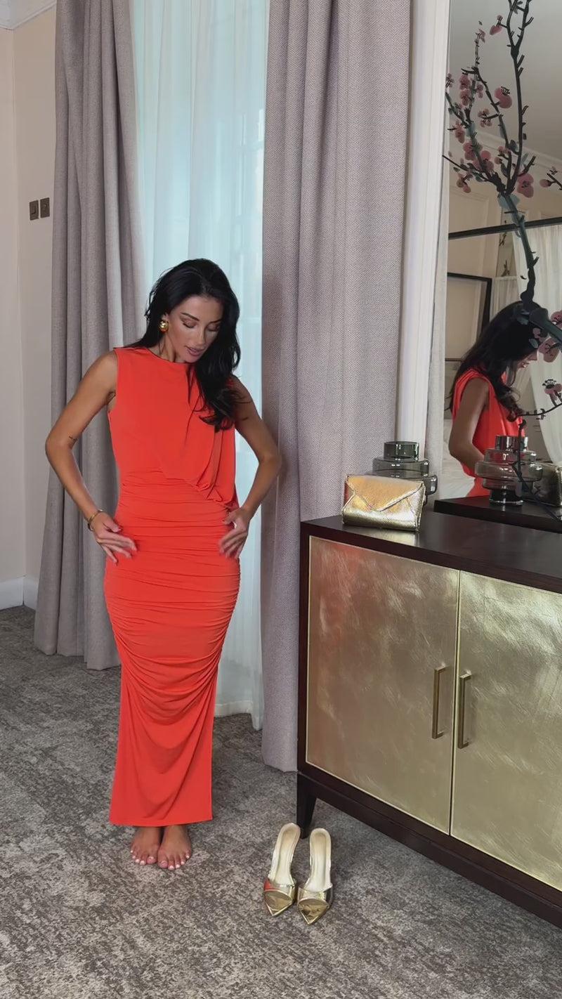 Ax Paris Burnt Orange Sleeveless Draped Top Ruched Skirt Midi Dress