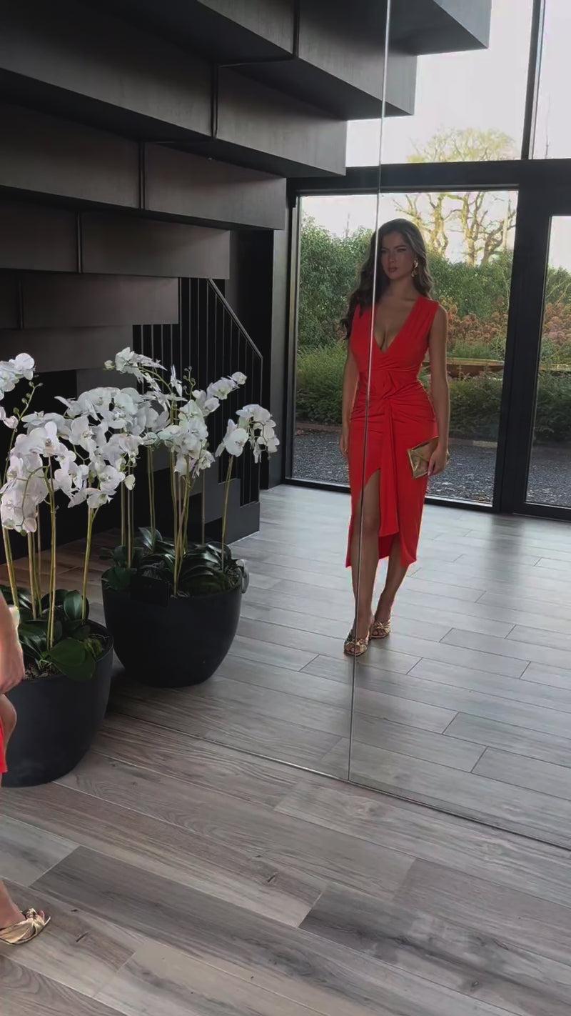 Ax Paris Burnt Orange Wrap Top Knot Front Split Skirt Midi Dress