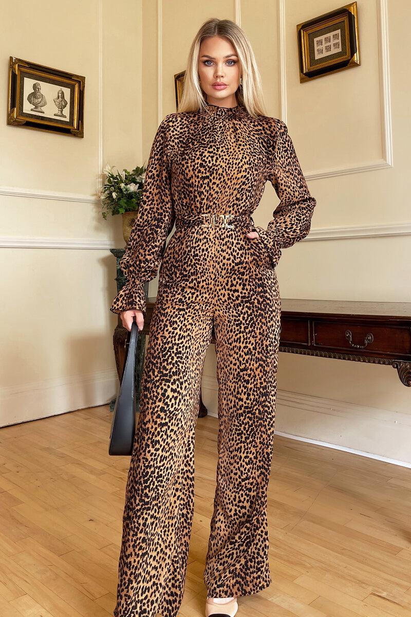Ax Paris Camel Animal Belted Frill Cuff Sleeve Jumpsuit