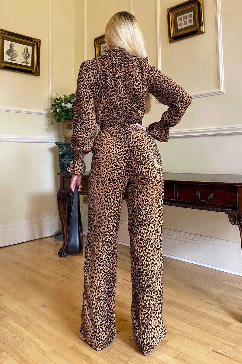 Ax Paris Camel Animal Belted Frill Cuff Sleeve Jumpsuit