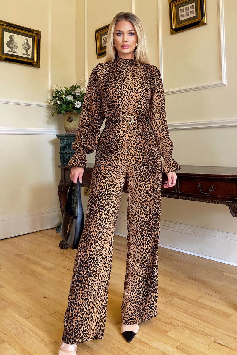 ax paris Camel Animal Belted Frill Cuff Sleeve Jumpsuit