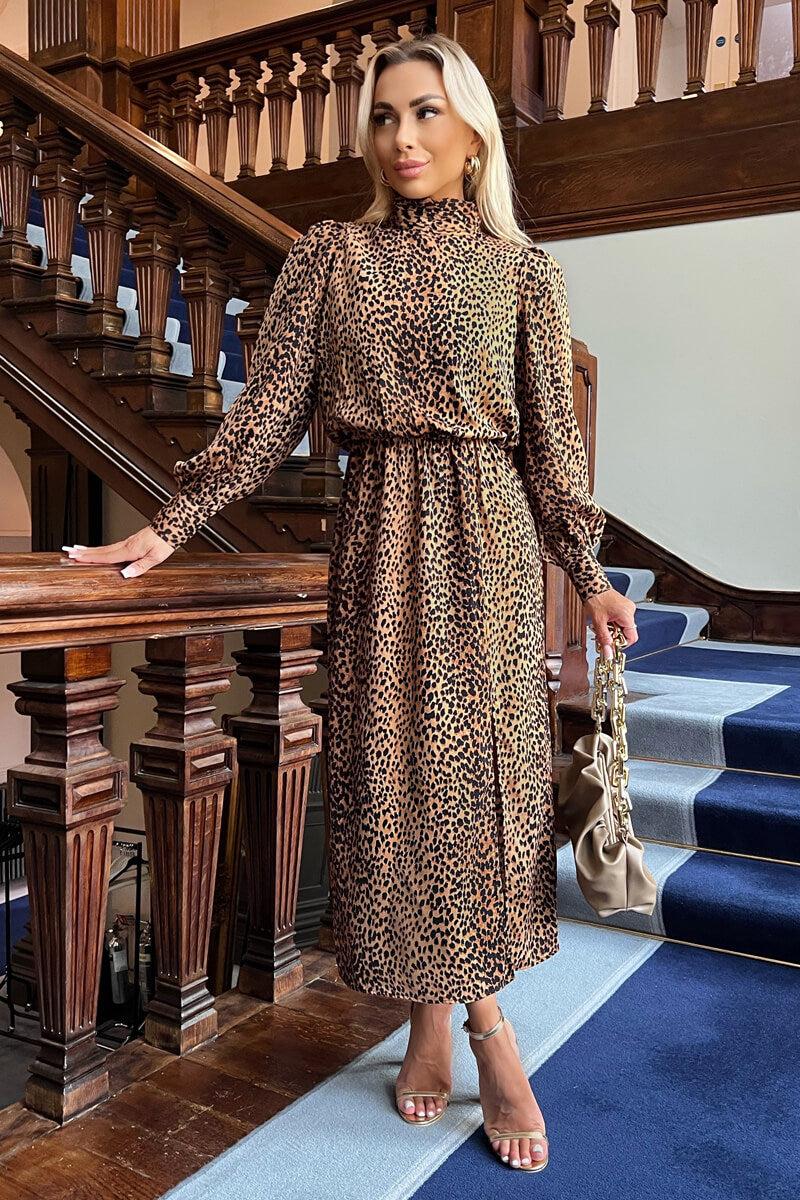 Ax Paris Camel Animal Print High Neck Long Sleeve Midi Dress