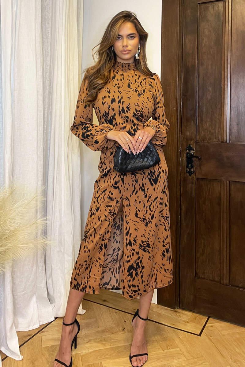 ax paris Camel Print High Neck Split Skirt Midi Dress