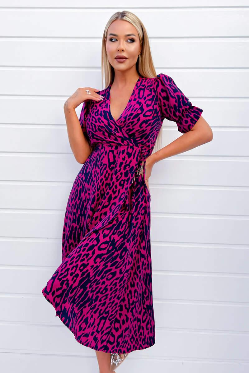 Ax Paris Cerise And Navy Animal Print Wrap Midi Dress