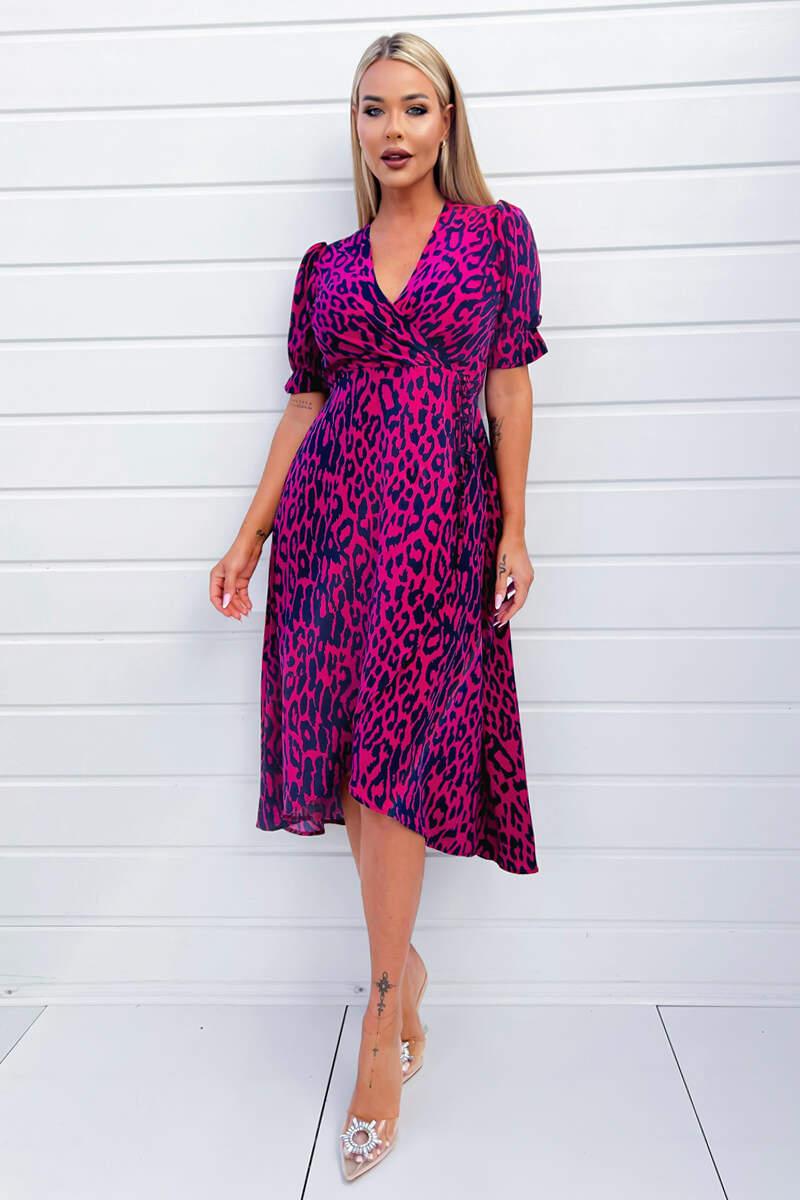 Ax Paris Cerise And Navy Animal Print Wrap Midi Dress