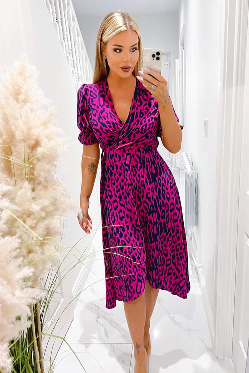 ax paris Cerise And Navy Animal Print Wrap Midi Dress