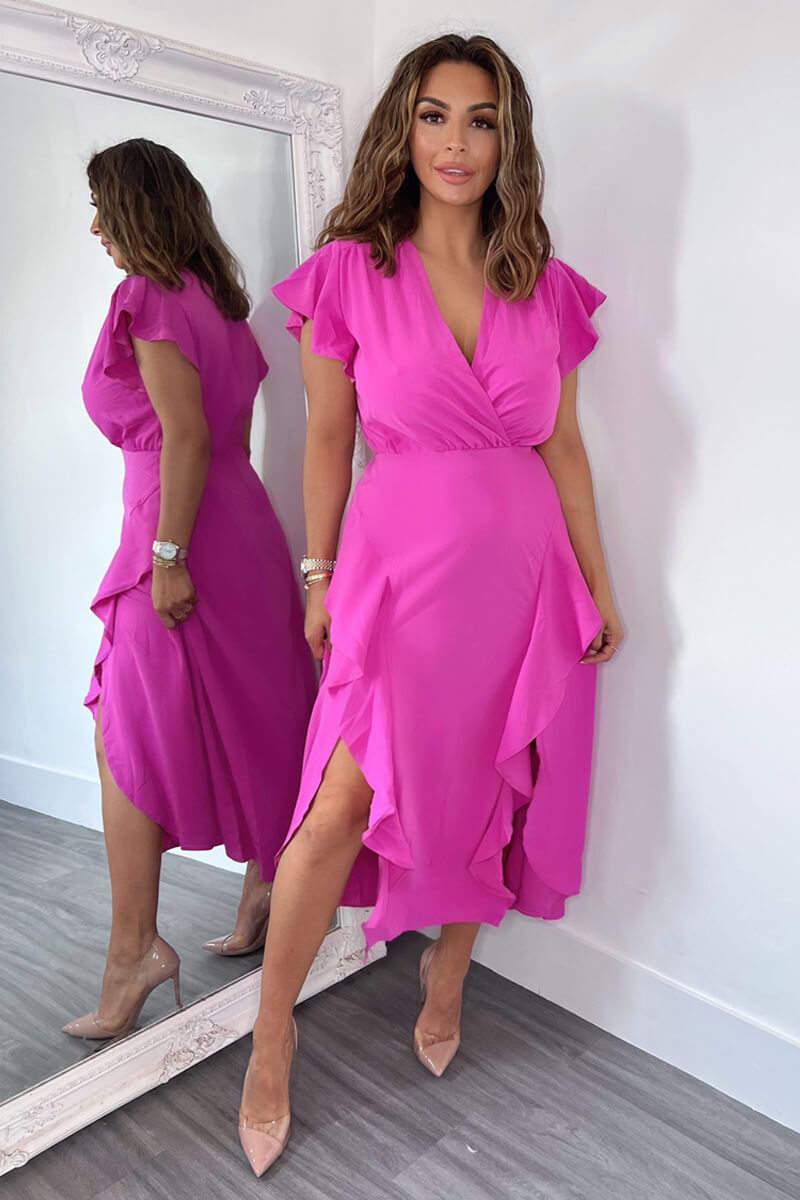 Ax Paris Cerise Frill Detail Double Split Skirt Midi Dress