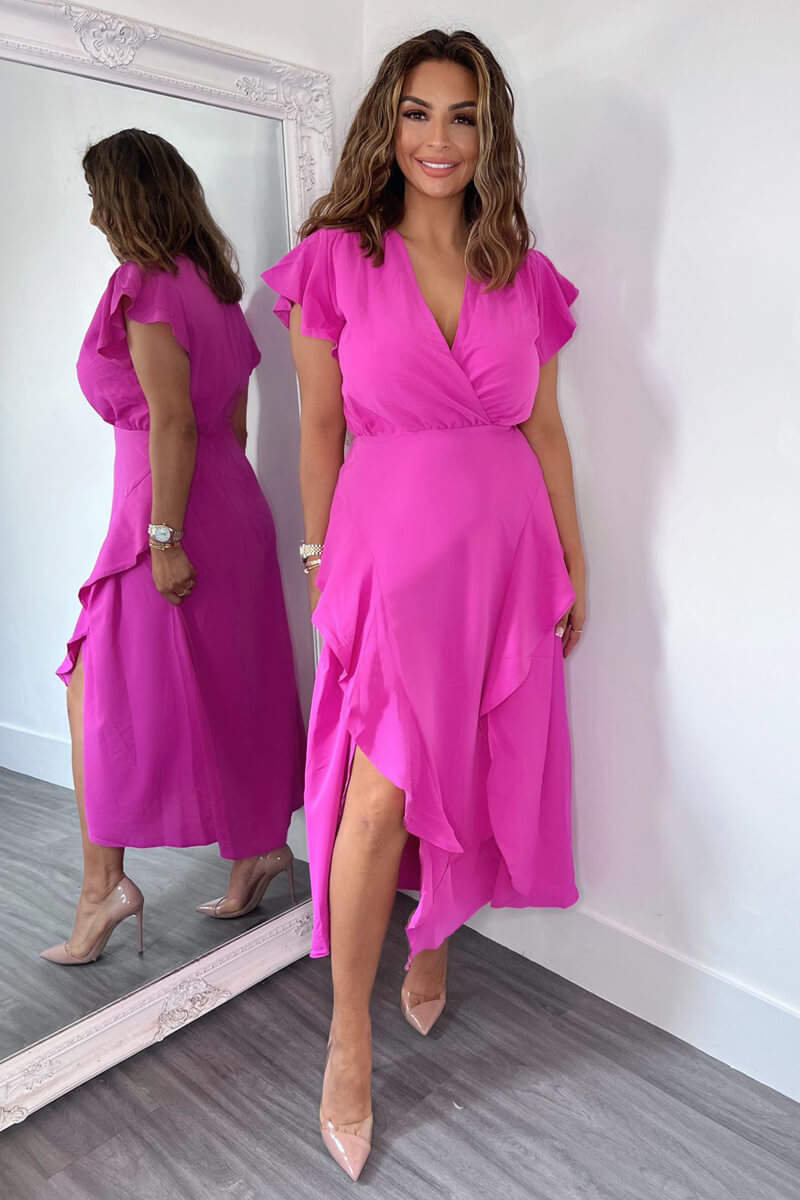 Ax Paris Cerise Frill Detail Double Split Skirt Midi Dress