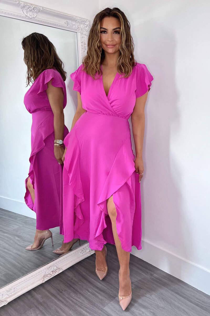 ax paris Cerise Frill Detail Double Split Skirt Midi Dress