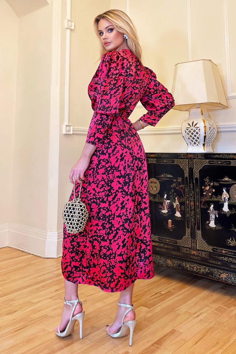 Ax Paris Cerise Printed Wrap Top Split Skirt Midi Dress