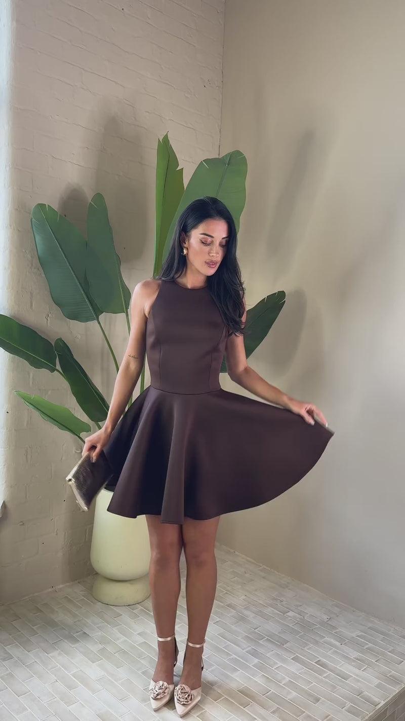 Ax Paris Chocolate Scuba Sleeveless Skater Mini Dress
