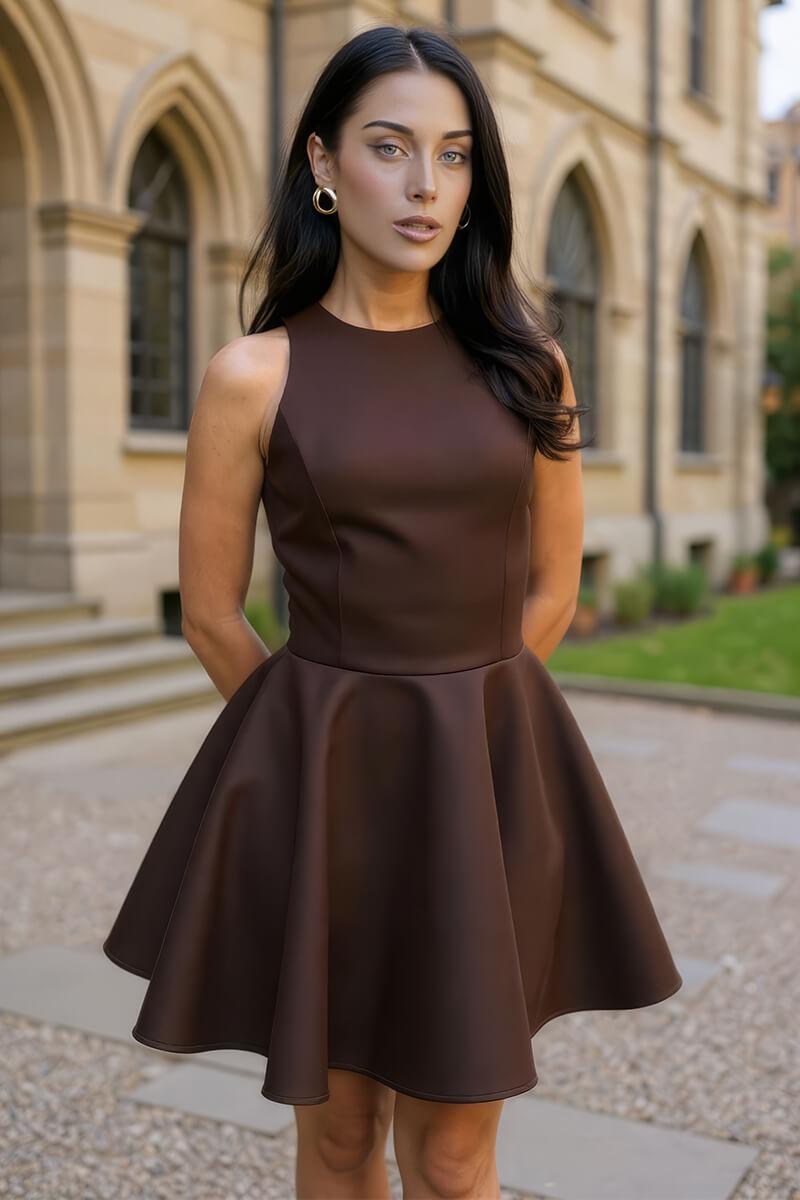 Ax Paris Chocolate Scuba Sleeveless Skater Mini Dress