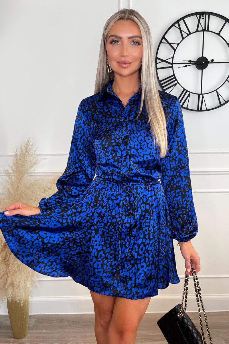 ax paris Cobalt Animal Print Long Sleeve Tie Waist Collared Skater Dress