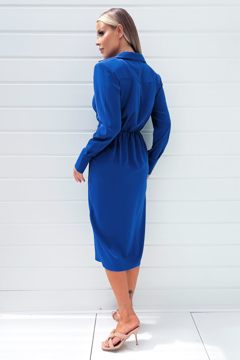 Ax Paris Cobalt Blue Long Sleeve Midi Dress With Shoulder Pads