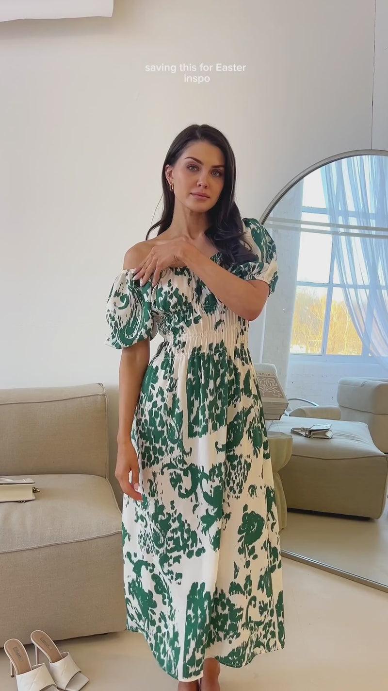 Ax Paris Cream And Green Printed Elasticated Waist Bardot Midi Dress